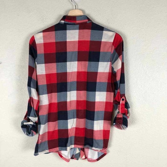 R N B Shirt Red Black Check Roll Tab Button Up Pockets Colorful Womens Medium - Picture 13 of 15